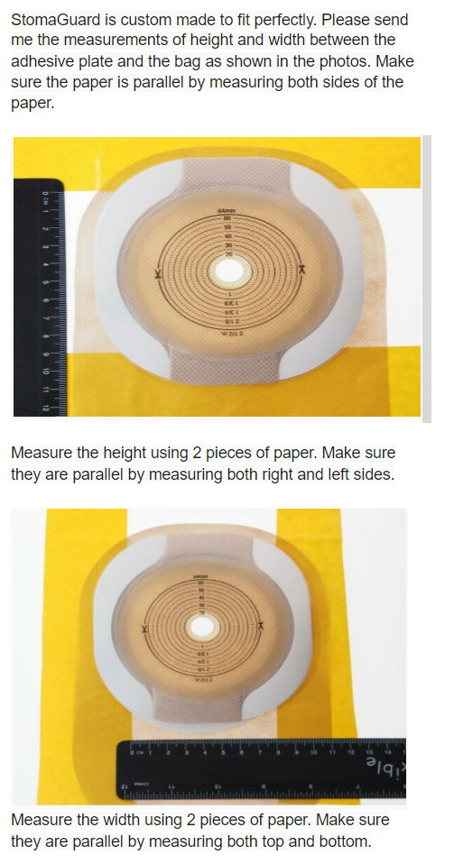 Measuring an ostomy appliance for a custom STOMAGUARD fit. Top photo shows the height measurement with two horizontal paper strips and a ruler at the side. Bottom photo shows the width measurement with two horizontal paper strips and a ruler at the bottom.