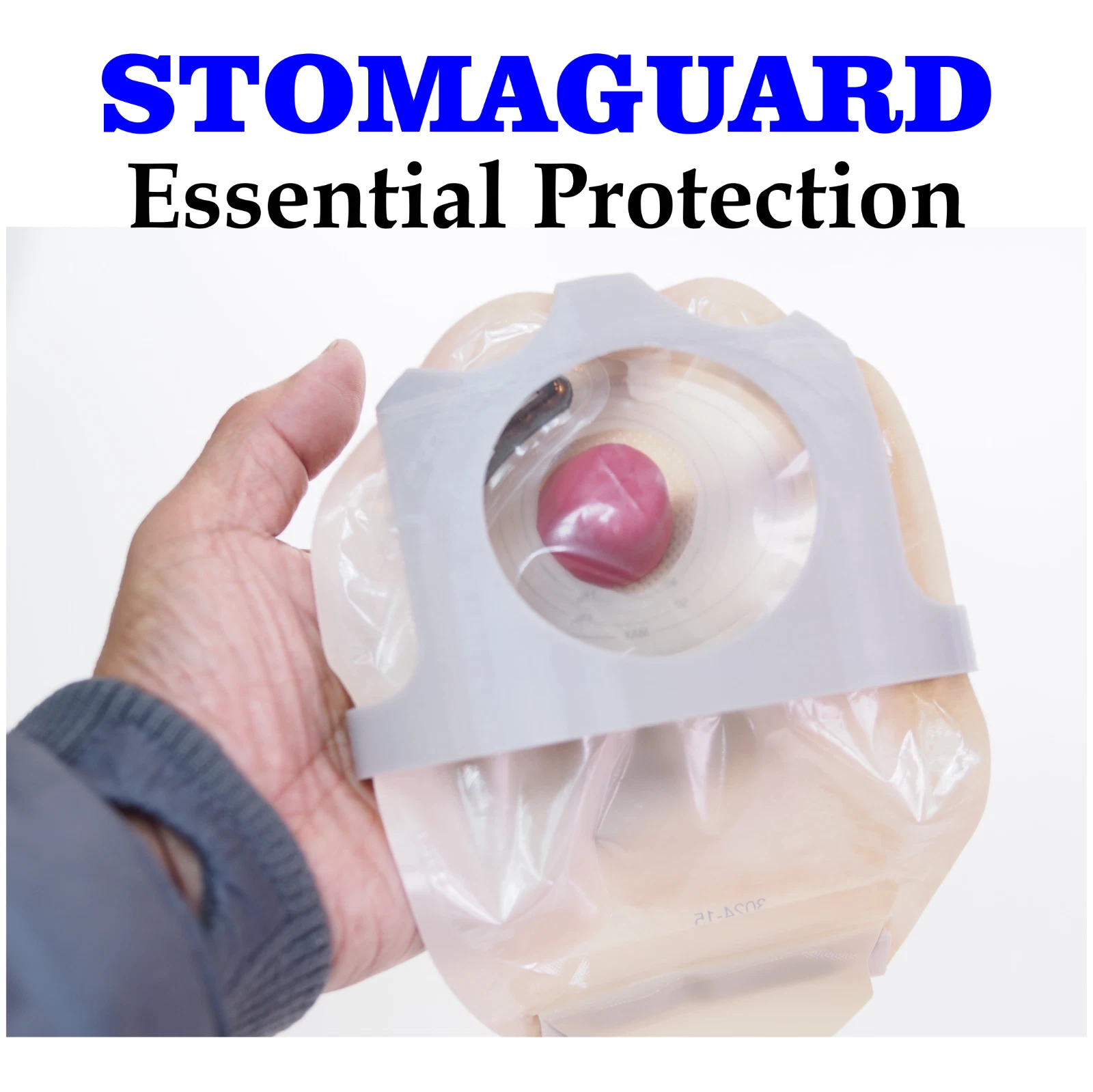 STOMAGUARD stoma protector fitted over an ostomy pouch